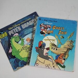 Vintage Disney Book Lot TaleSpin Ghost Ship Little Golden Pete's Dragon Record